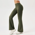 Women's high waist flared yoga pants in olive green with slimming stretch fit - S / Bottoms / Forest Green