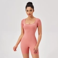 Women's square neck short sleeve yoga bodysuit in soft coral pink high elastic fabric - S / Wild Rose Pink