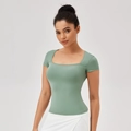 Women's sage green square neck slim fit athletic t-shirt for yoga and running sports - S / Smoke green