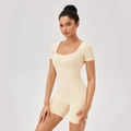 Women's cream square neck short sleeve yoga bodysuit with slim fit athletic design - S / White Apricot