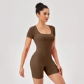 Women's tight dark brown short sleeve yoga bodysuit with square neck and slim fit design - S / Dark Brown