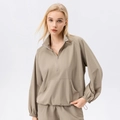 Kaki sport-sweatshirt voor dames met halve rits, opstaande kraag en handige kangoeroezak - S / Zand