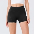 High waist matte black yoga shorts with side pockets and slimming fit for women - S / Bottoms / Black