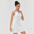 Damen Tennis-Kleid in Weiß mit lila Kontraststreifen und Polokragen mit Reißverschluss - S / Weiß-Lila