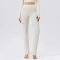 Women high waisted flare yoga set with long sleeve crop top in cream white nylon fabric - S / Almond White