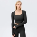Women's black square neck yoga set with long sleeve thumb-hole top and leggings - S / Tops / Black
