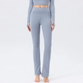 Grayish blue high-waisted yoga flare pants with stylish side slits for fitness - S / Haze Blue