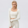 Slim fit cream long sleeve yoga set with square neck and thumb holes for women - S / Tops / Almond White