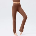 High waisted coffee brown yoga flare pants with side slits and tummy control design - S / Caramel Brown