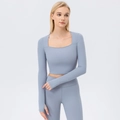 Light grey-blue square neck yoga set with long sleeve crop top and high waist leggings - S / Tops / Haze Blue