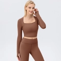 Dark brown yoga set with long sleeve square neck crop top and high waisted leggings - S / Tops / Caramel Brown