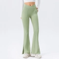 Sage green high-waisted flared yoga pants with cross waist and side slits design - S / Bottoms / Sage Green