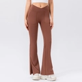 Brown high-waisted flare yoga pants with V-shaped crossover waist and inner leg slits - S / Bottoms / Caramel Brown