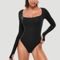 Body de yoga negro con manga larga, cuello cuadrado y orificios para los pulgares - S / Negro