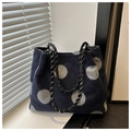 Grand sac cabas en laine bleu marine à pois gris avec bandoulière chaîne noire - Blanc