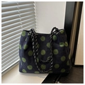 Sac cabas en laine bleu foncé avec grands pois verts et anses en cuir tressé noir - Vert