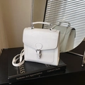 Retro cream white faux leather satchel bag with silver buckle and top handle detail - White Without Pendant