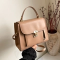 Elegant light brown crossbody handbag with gold clasp and structured handle for women - Khaki