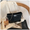 Black quilted hobo shoulder bag with chain strap and cute bear charm accessory - With Pendant / Black
