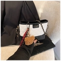 Black and white quilted chain shoulder bag with cute teddy bear charm for women - With Pendant / Off White