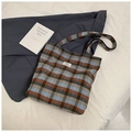 Winter plaid tote bag in light blue and brown check pattern with sturdy top handles - Blue Plaid