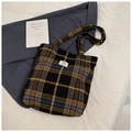 Classic blue and brown checkered woolen tote bag with large capacity and durable handles - Coffee Plaid