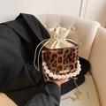 Leopard print small square bag with large pearl handle and golden chain strap - Brown