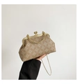 Bolso tipo concha beige con flores, asa de metal vintage y correa de cadena dorada - Caqui