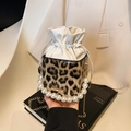 Leopard print bucket bag with elegant pearl handle and gold chain shoulder strap - Khaki