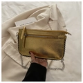 Metallic gold mirror handbag with silver bead trim and chain strap for women - Gold
