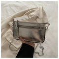 Silver metallic crossbody chain bag with beaded trim and decorative front zipper - Silver