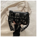 Black punk shoulder bag with silver rivets and metal grommets on a wide leather strap - Black
