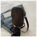 Brown faux leather crossbody phone bag with vintage letter print and adjustable strap - Coffee