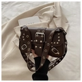 Dark brown faux leather shoulder bag with silver studs and metal eyelet details - Coffee