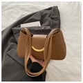 Retro brown leather shoulder bag with minimalist golden half-moon metal buckle closure - Brown