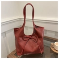 Minimalist woven tote bag in deep red finish with delicate bow detail for women - Red
