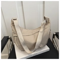 Beige nylon crescent crossbody bag with adjustable wide strap and zipper closure - Khaki