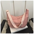 Pink crescent nylon crossbody bag with adjustable wide strap and multiple zippers - Pink