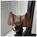 Bolso de hombro baguette marrón en cuero PU con hebilla de metal plateado elegante - Marrón