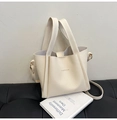Milk white lychee pattern leather bucket bag with top handles and fashion logo - White