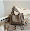 Deep coffee grey pebbled leather bucket bag with top handle and FASHION emboss - Gray