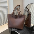 Deep brown matte leather tote bag with knotted rope handles and fashion embossing - Brown