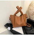 Brown litchi grain tote bucket bag with fashion lettering and folding structure - Brown
