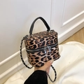 Retro leopard print box bag with black leather handle and silver metal chain strap - Khaki