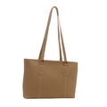 Minimalist camel tote bag with contrast stitching and long handles in a frontal view - Khaki