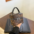 Retro leopard print box bag with black top handle and silver metal chain strap - Brown