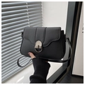 Detail of black matte leather crossbody bag with silver semi-circular buckle closure - Black