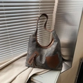 Vintage grijze gewassen canvas tote tas met bruine lederen bies en multi-pocket design - Zwart