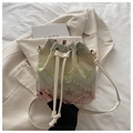 Detail of denim bucket bag with rainbow star patterns and white crossbody strap - Pentagram White