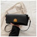 Classic black vintage faux leather baguette bag with elegant golden half-round metal lock - Black